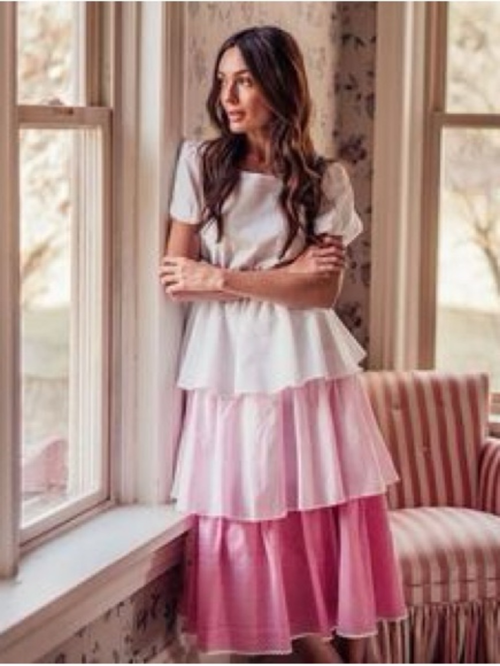 Women’s Tiered Pink Midi Skirt – Elegant Layered Design